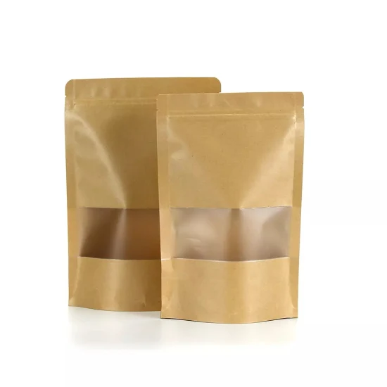 Brown recycler la pochette zippée imprimée personnalisée emballage de café sac alimentaire zippé en papier kraft Doypack bon marché avec fenêtre